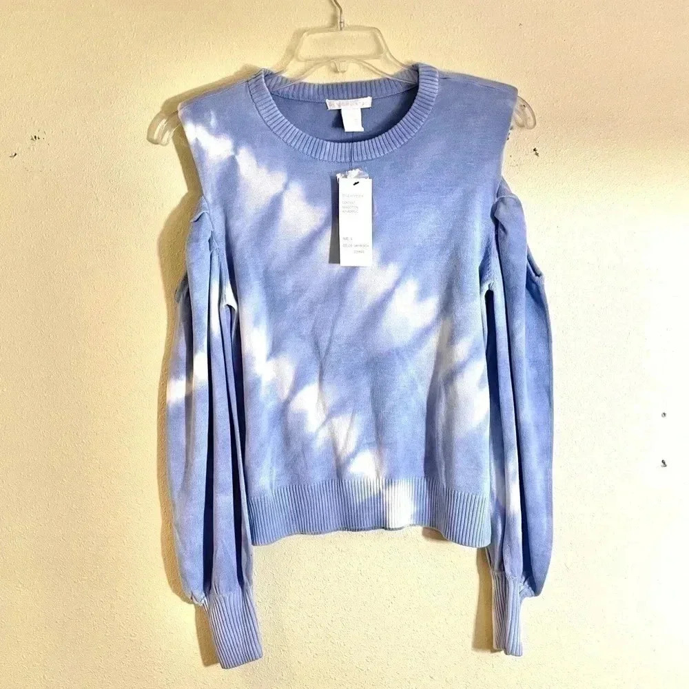 Design History Sweater Women S Cold Shoulder Pads Sky Beach Combo Blue NEW